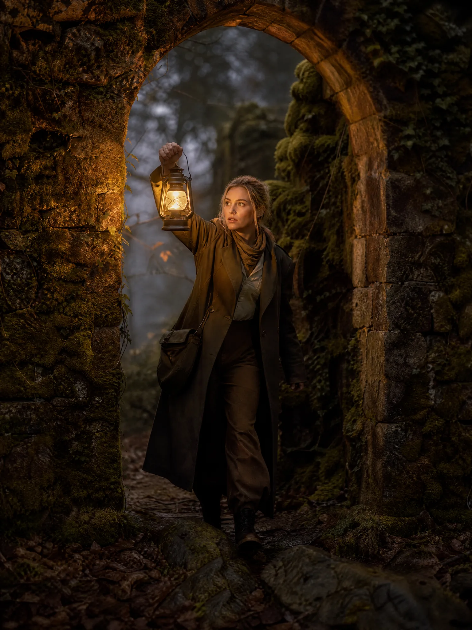 Text to Image: A Portrait with a Place and a Task Explorer in an olive field coat holding up a brass lantern under a moss-covered stone arch in a foggy forest at dusk