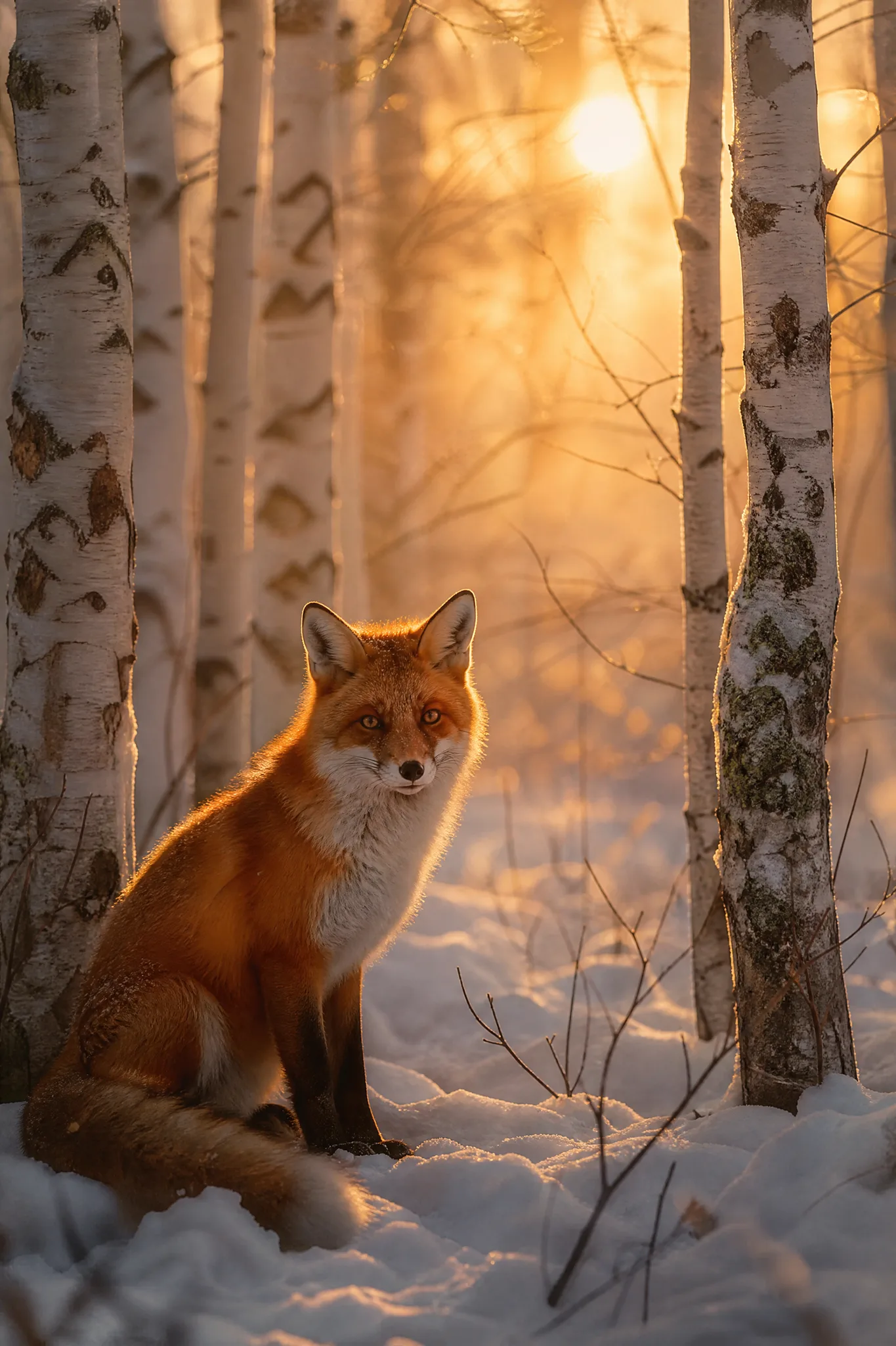 Text to Image: Mood Carried by Style Red fox seated in fresh snow between white birch trunks at sunrise, with hazy pastel-gold light and soft film grain