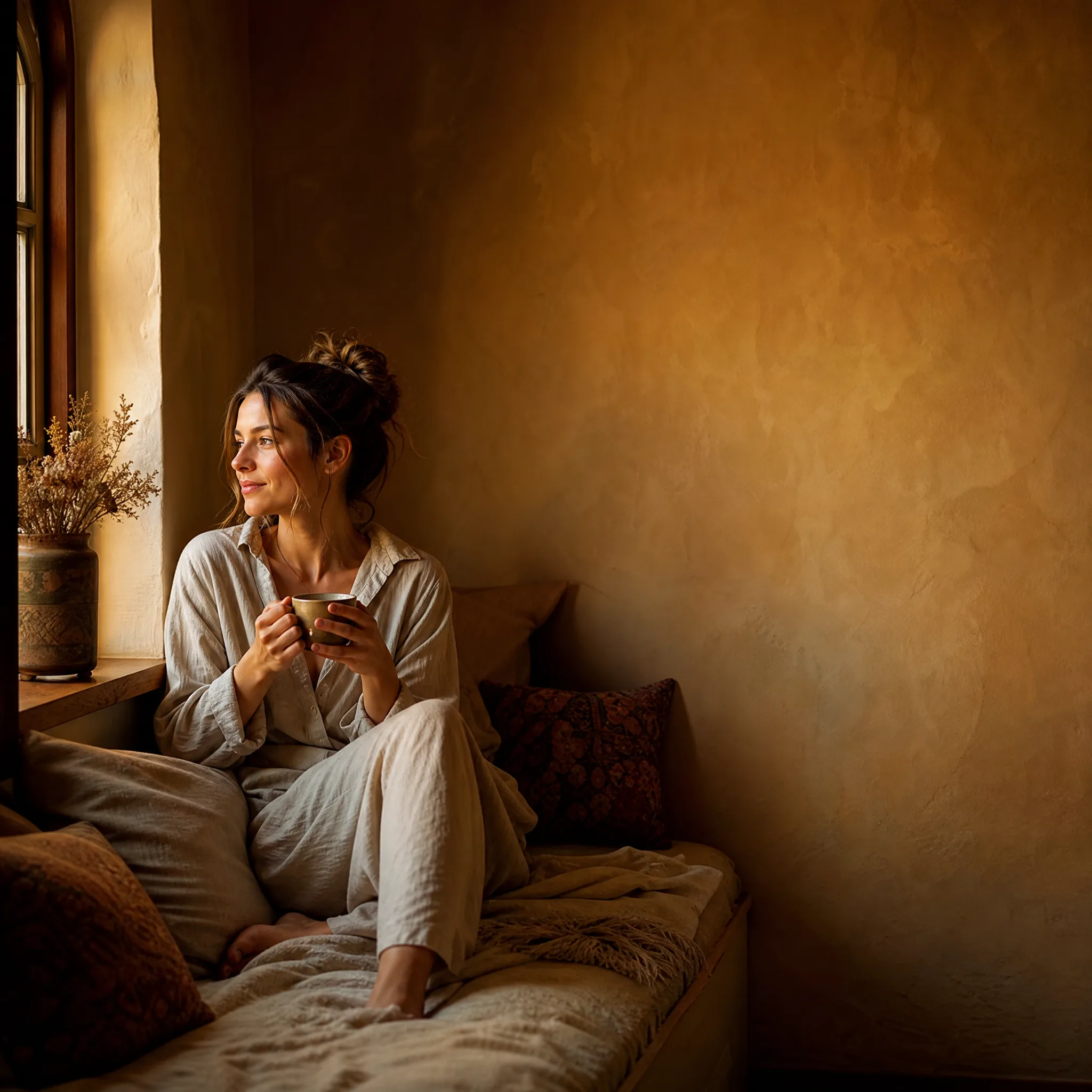Text to Image: Open Space for a Headline Woman holding tea on a cushioned window seat in the lower left of a square frame, a bare warm plaster wall to the right