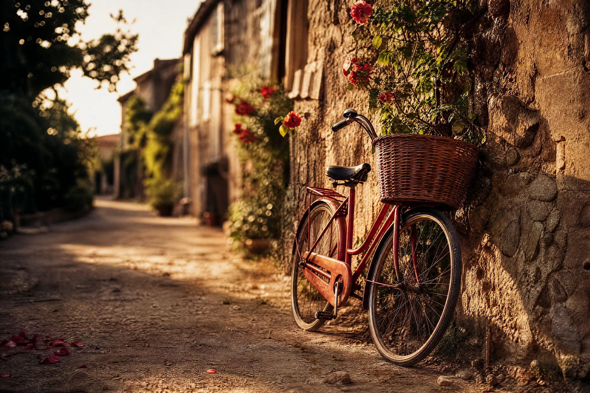 Text to Image: A Village Lane Written in One Sentence Vintage red bicycle with a wicker basket against an old stone wall with climbing roses, in grainy film-photo light