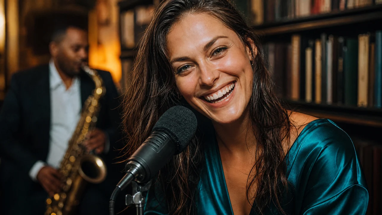 Tiny Desk AI lead-singer moment A smiling dark-haired singer beside a microphone with a saxophonist behind her