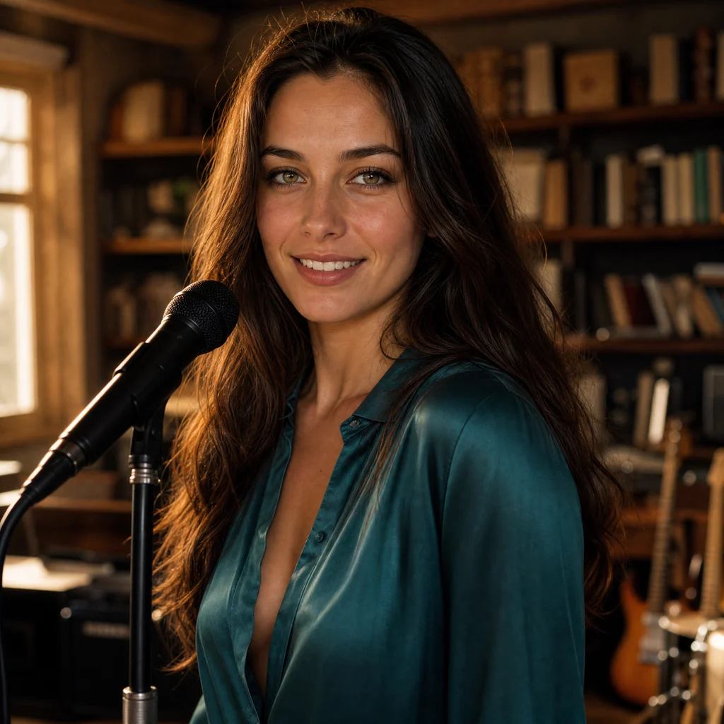 An adult woman singing and smiling beside a studio microphone