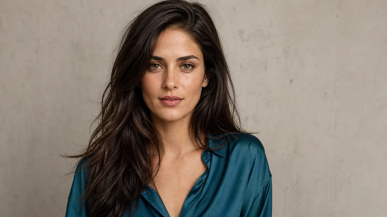 A clear portrait of a dark-haired adult woman in a teal blouse A clear portrait of a dark-haired adult woman in a teal blouse