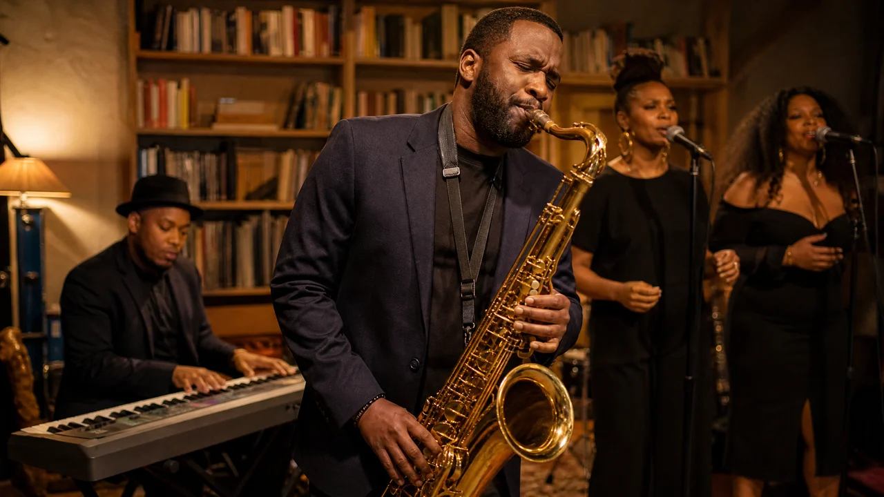 A saxophonist playing in a book-lined room with supporting musicians A saxophonist playing in a book-lined room with supporting musicians