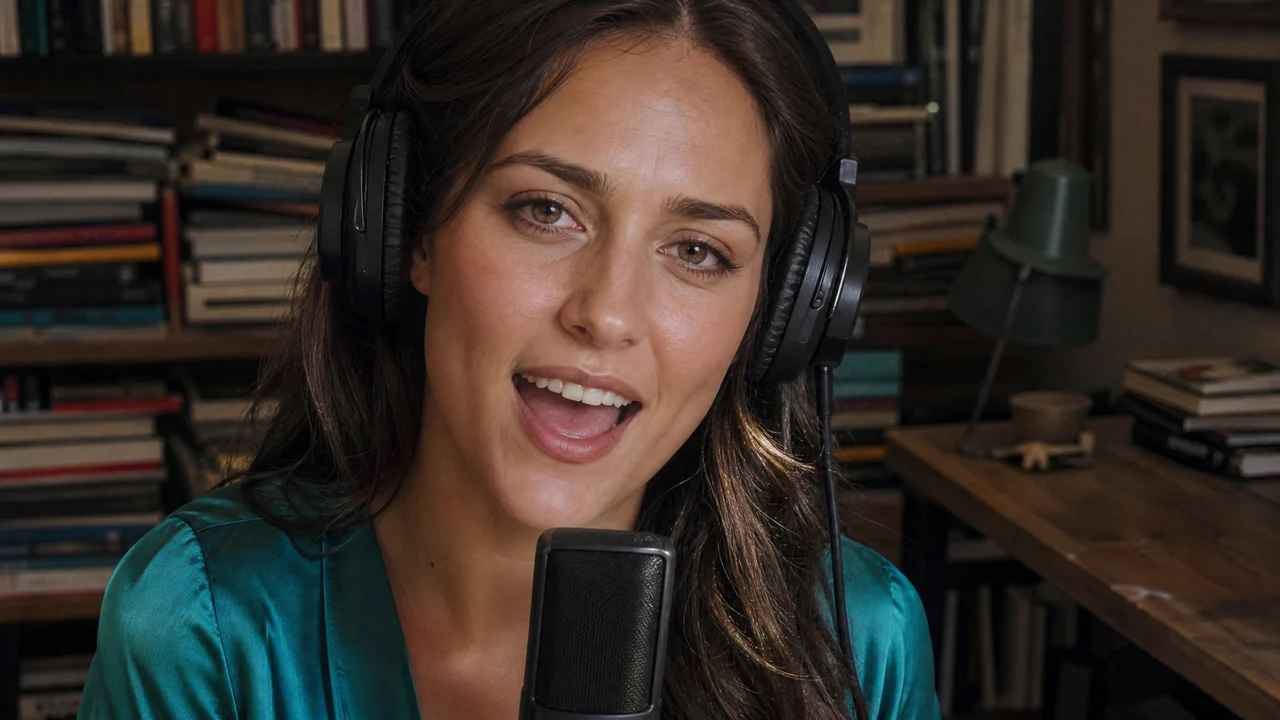 An adult woman singing and smiling beside a studio microphone An adult woman singing and smiling beside a studio microphone