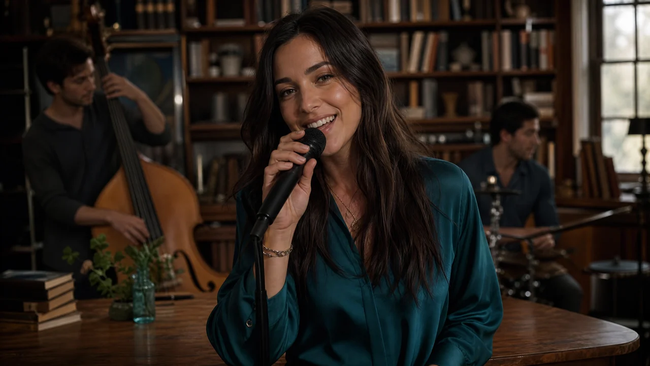 A portrait becomes the lead in a Tiny Desk AI concert A dark-haired woman in teal at a microphone in a book-lined Tiny Desk AI studio