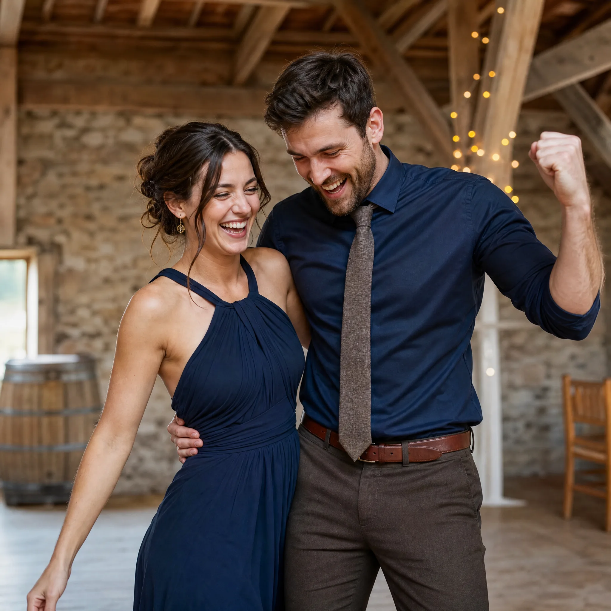 A woman in a navy dress and a man in a dark shirt celebrating after a barn dance