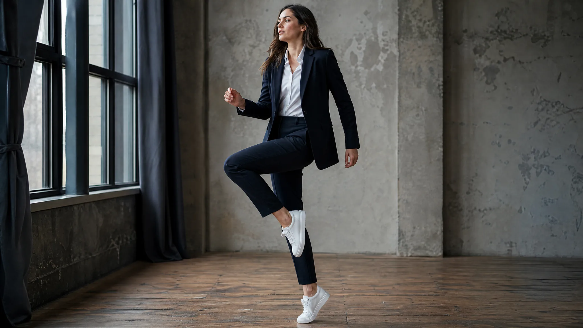 A woman balancing with a raised knee, wearing a dark suit and white sneakers