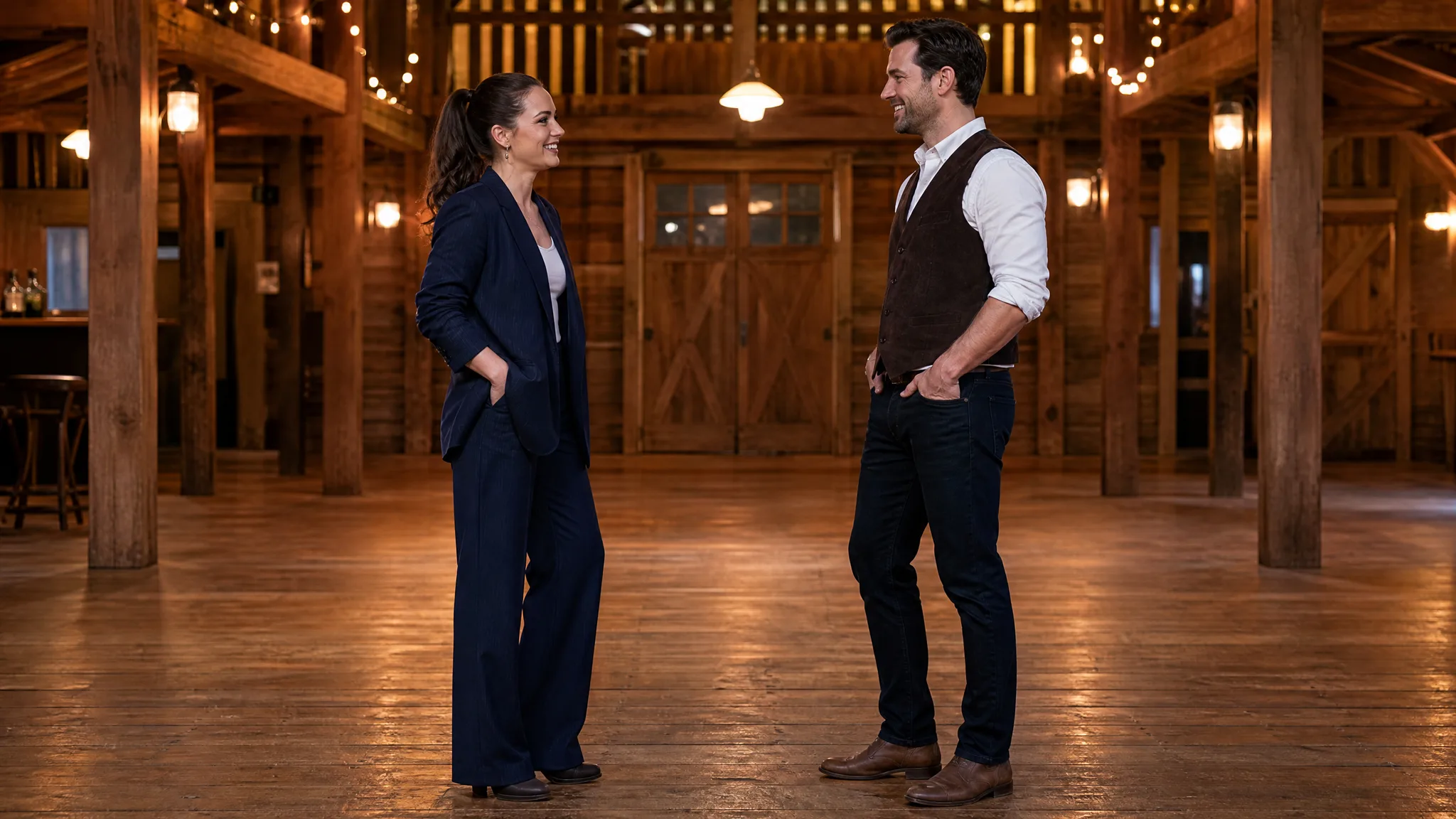 A woman in a navy suit facing a man in a brown vest in a timber dance hall