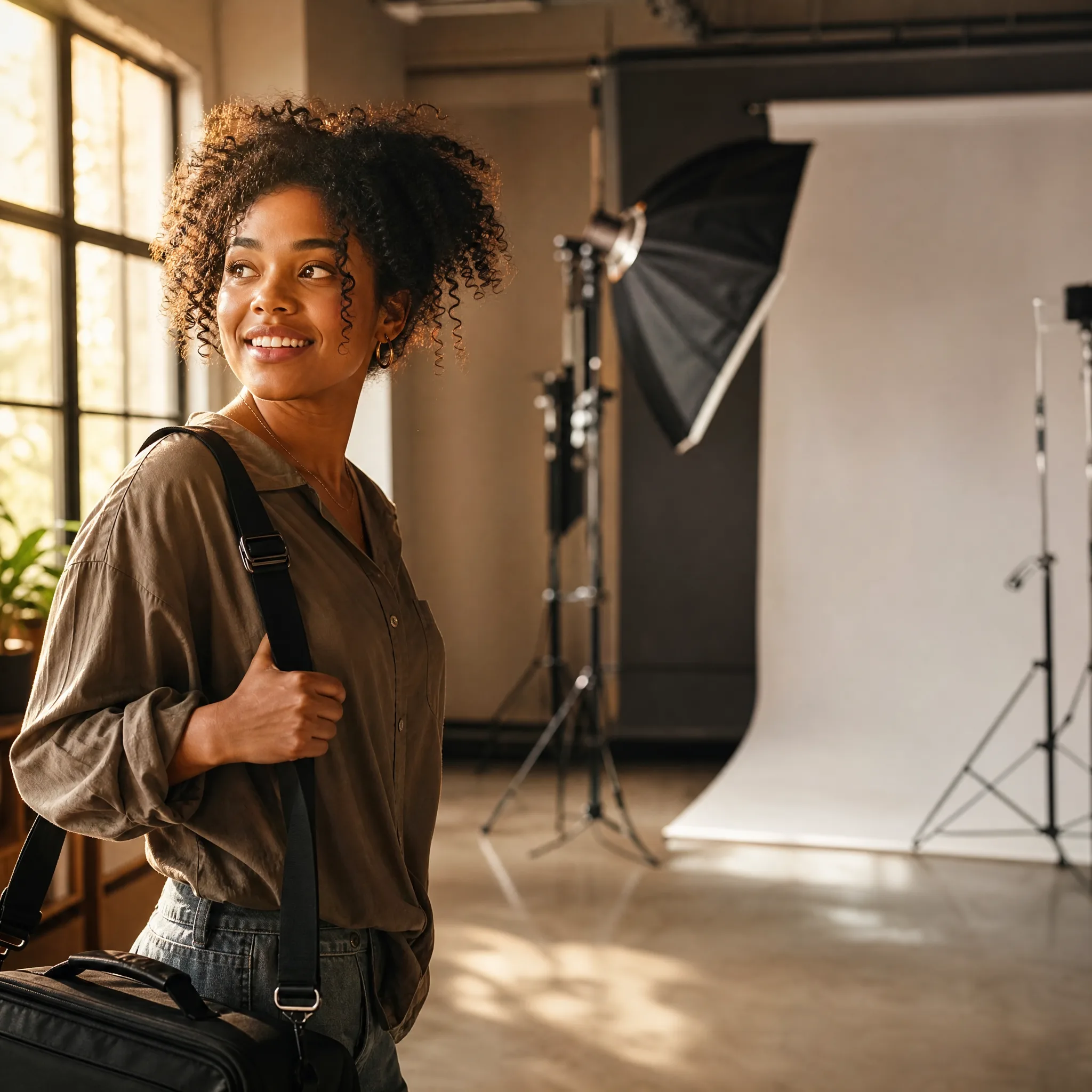 Smiling photographer with a camera bag walking into a bright studio with softboxes and a paper backdrop