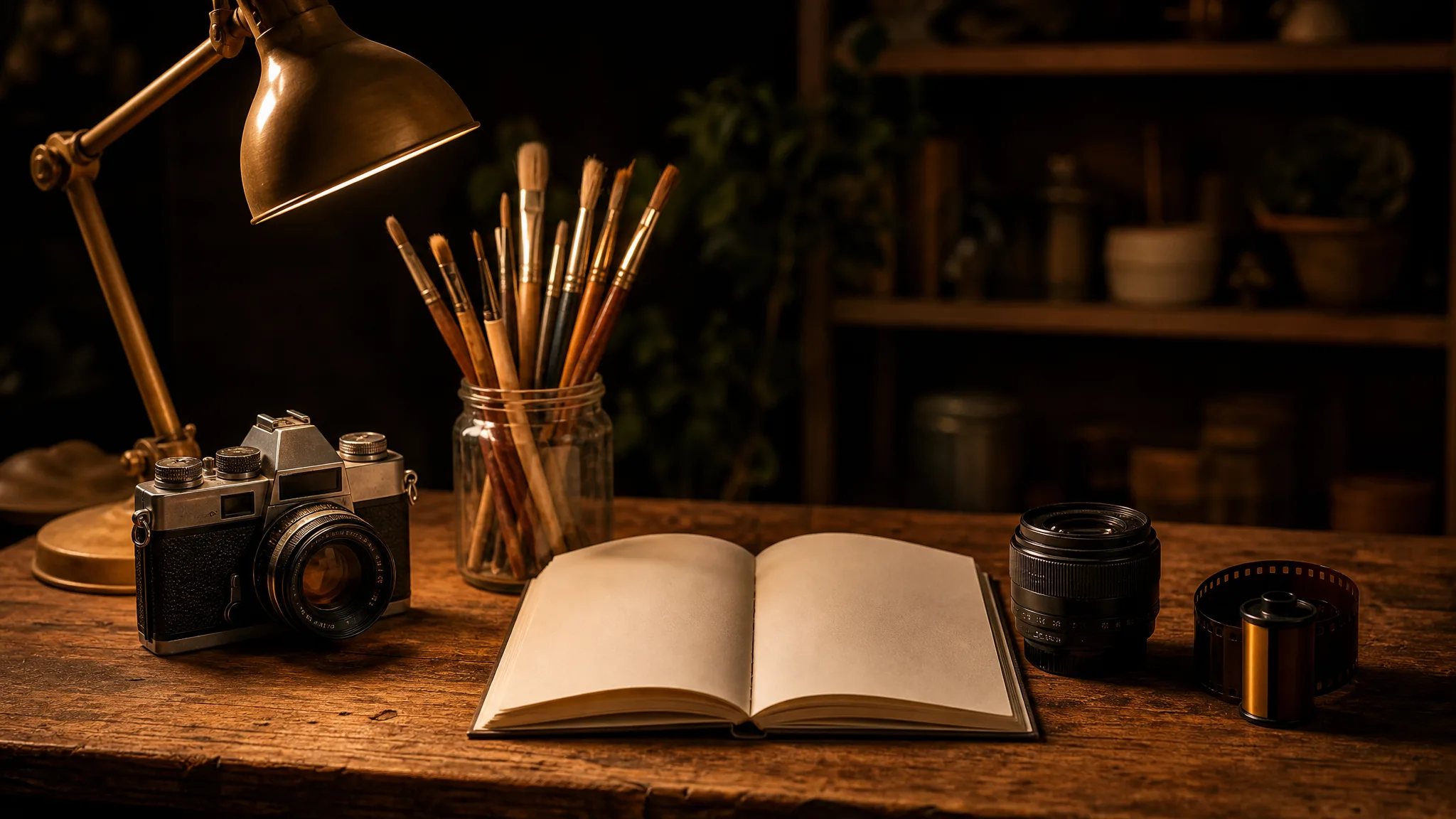 Tools laid out on a workbench Studio workbench under a brass lamp with a vintage film camera, brushes in a jar, a sketchbook, a lens and film
