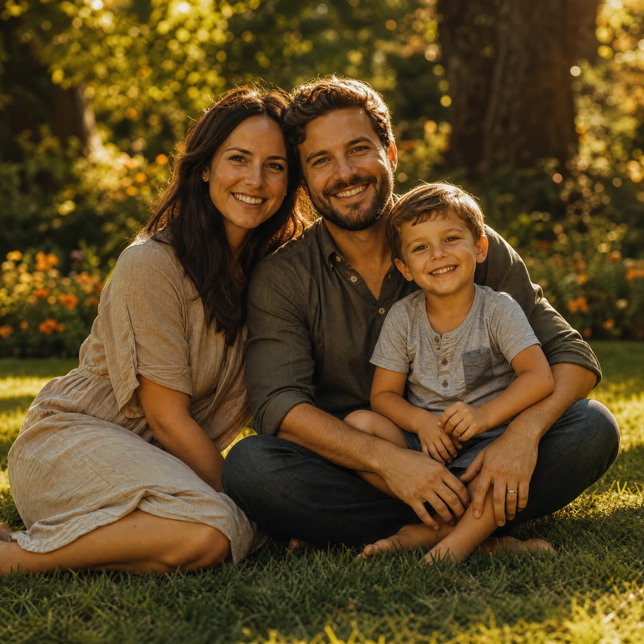 Garden family portrait Smiling mother, father and little boy on his lap sitting on the grass in a sunny garden