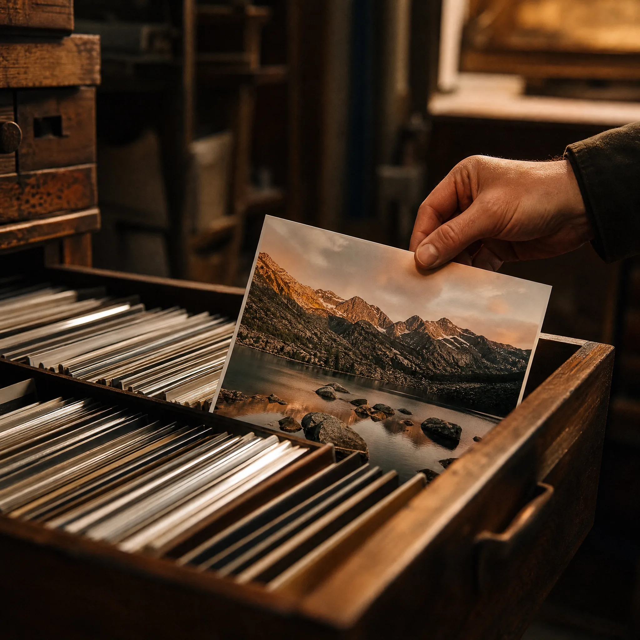 Pulling a print from the drawer Hand lifting a glossy mountain lake print out of a wooden drawer of neatly filed photographs