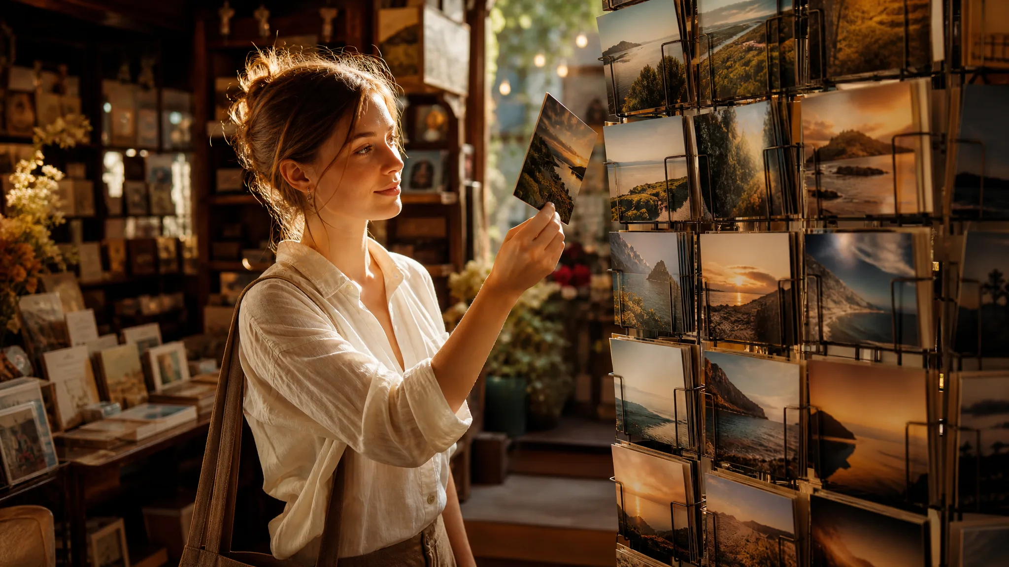 Picking a postcard Woman holding up one landscape postcard picked from a tall rack in a sunny stationery shop