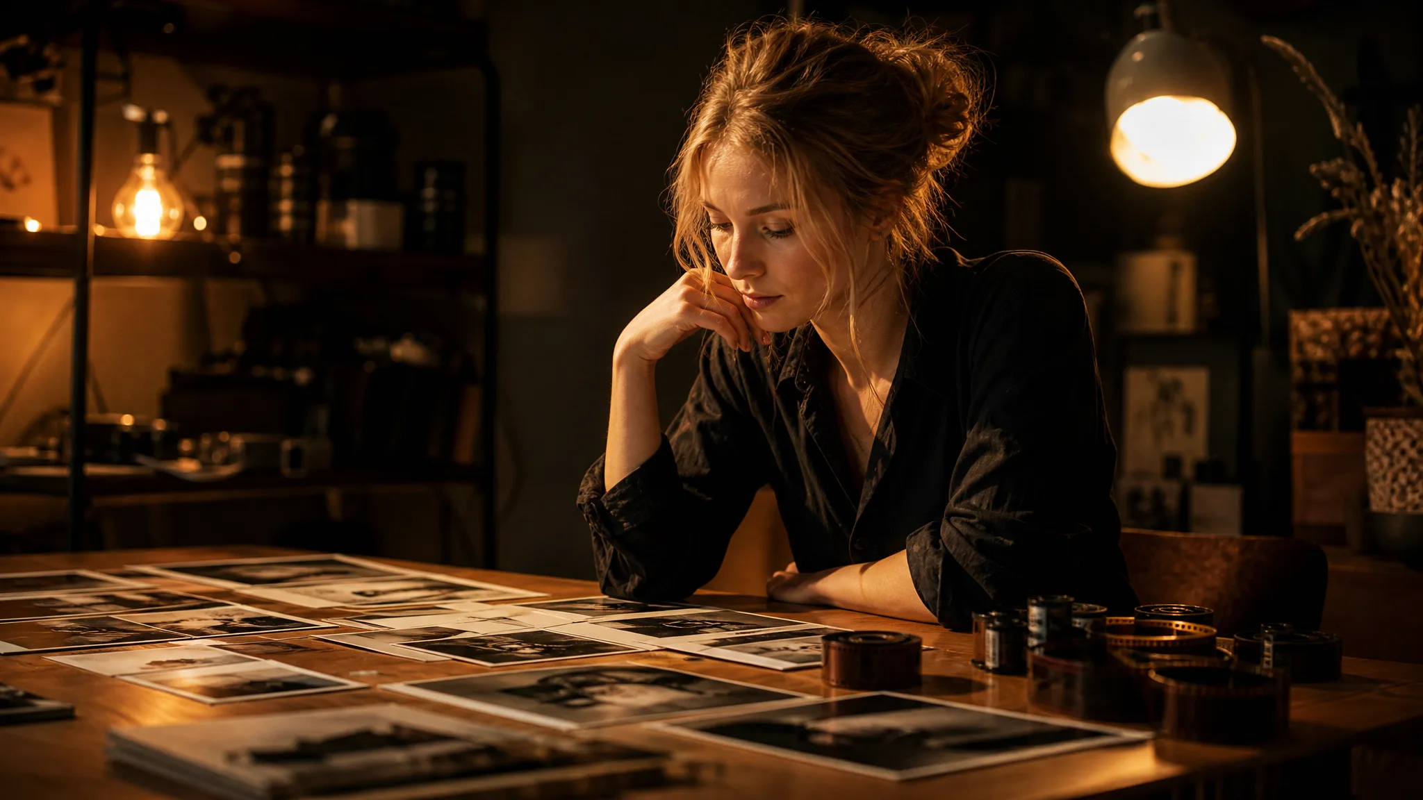 Prints or film reels? Woman at a warm-lit studio table deciding between a spread of printed photos and small film reels