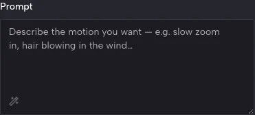 Empty motion prompt field with example hints such as a slow zoom in or hair moving in the breeze
