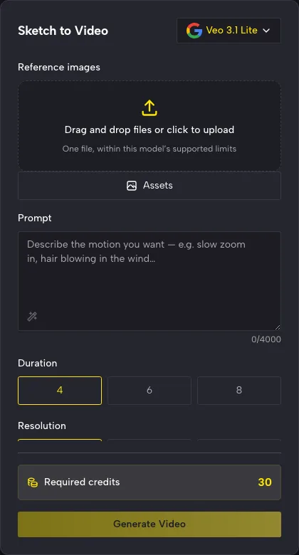 Sketch to Video panel showing Veo 3.1 Lite, an empty image upload area, a prompt field and 4, 6 or 8 second choices