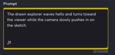 PicVideo prompt box asking the drawn explorer to wave while the camera slowly pushes in