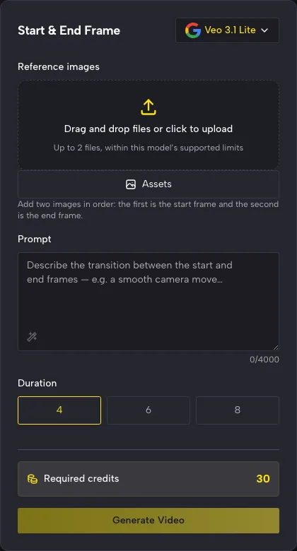 Start & End Frame panel on PicVideo with Veo 3.1 Lite chosen, two image slots, a prompt box and clip length options