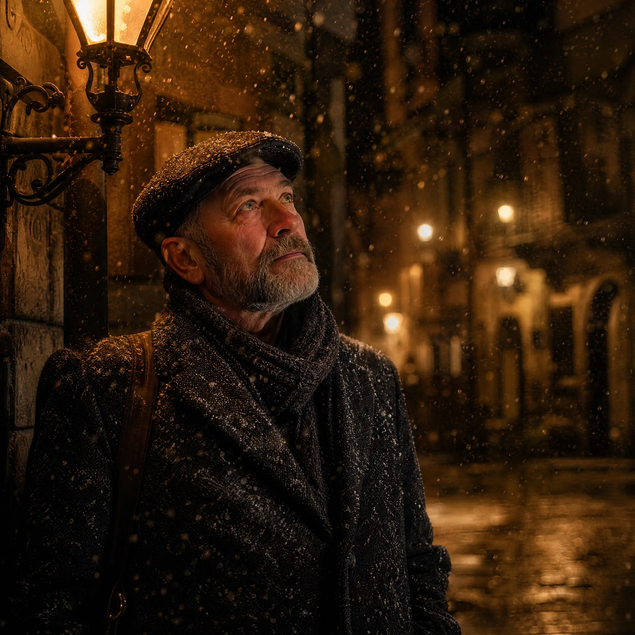 Bearded older man in a flat cap and wool coat gazing up at falling snow next to a glowing wall lamp at dusk