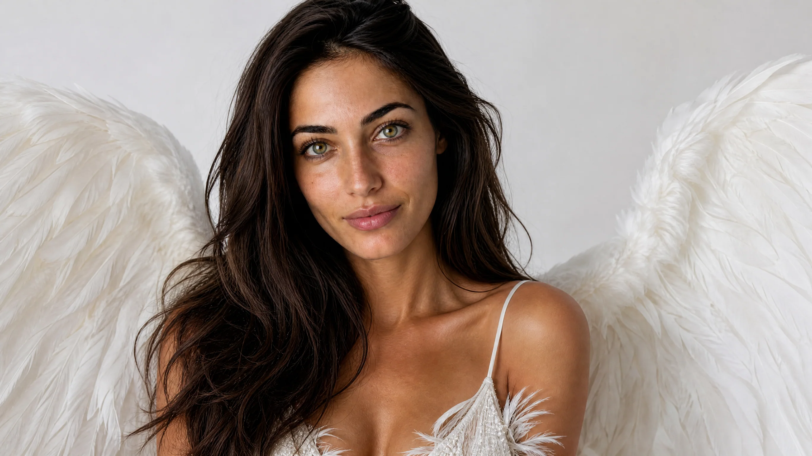 Close view of a fictional dark-haired woman wearing white feather wings under neutral studio lighting
