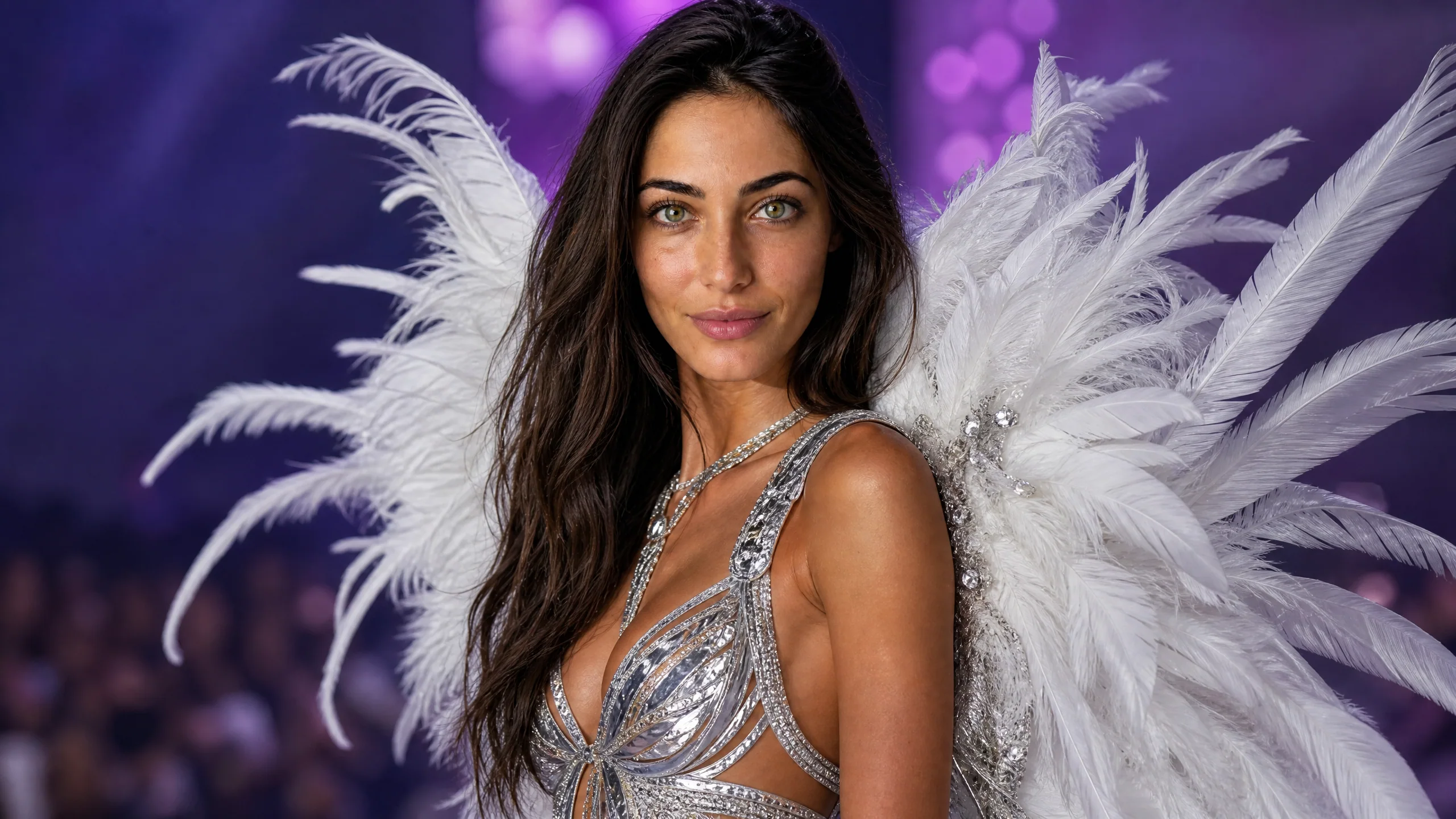 Fictional winged performer posing against a violet-lit stage with distant audience silhouettes