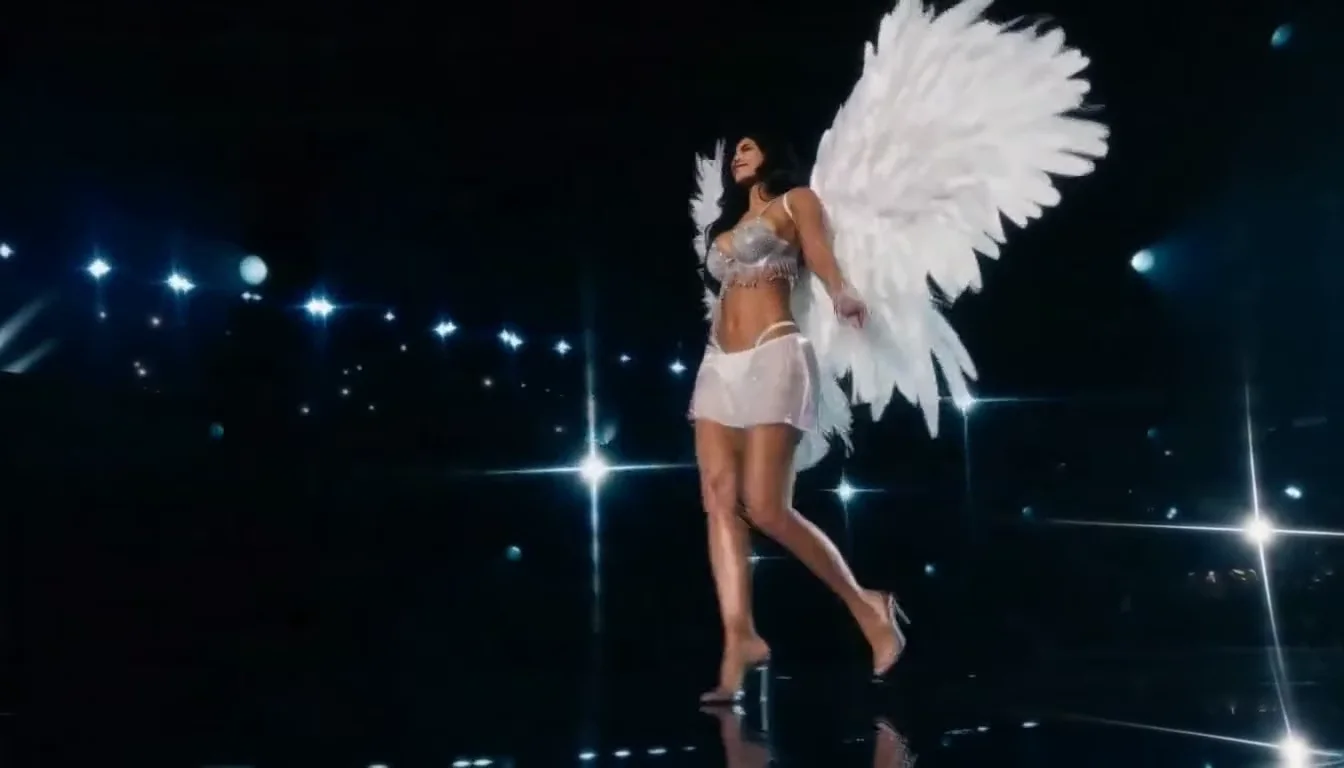 Fictional winged runway performer walking toward the camera on a cool blue stage