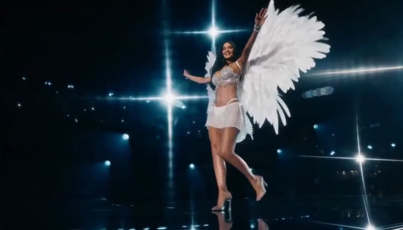 A fictional young woman in silver stagewear and white feather wings on a cool-lit catwalk
