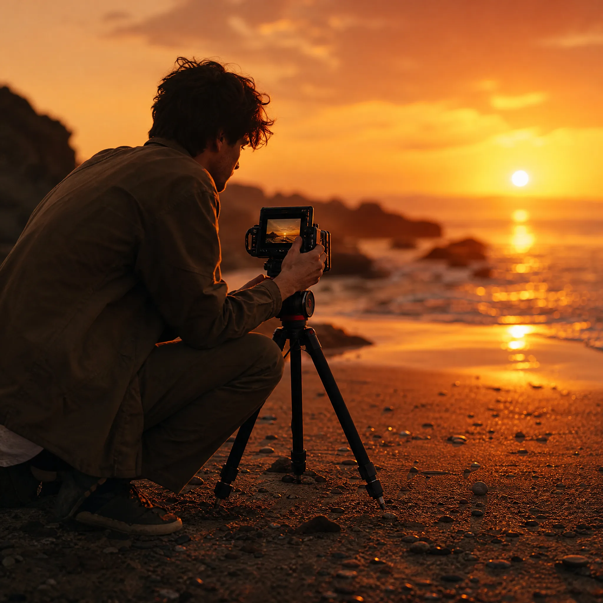 Young filmmaker kneeling on the sand beside a small tripod camera, framing the sea at sunset
