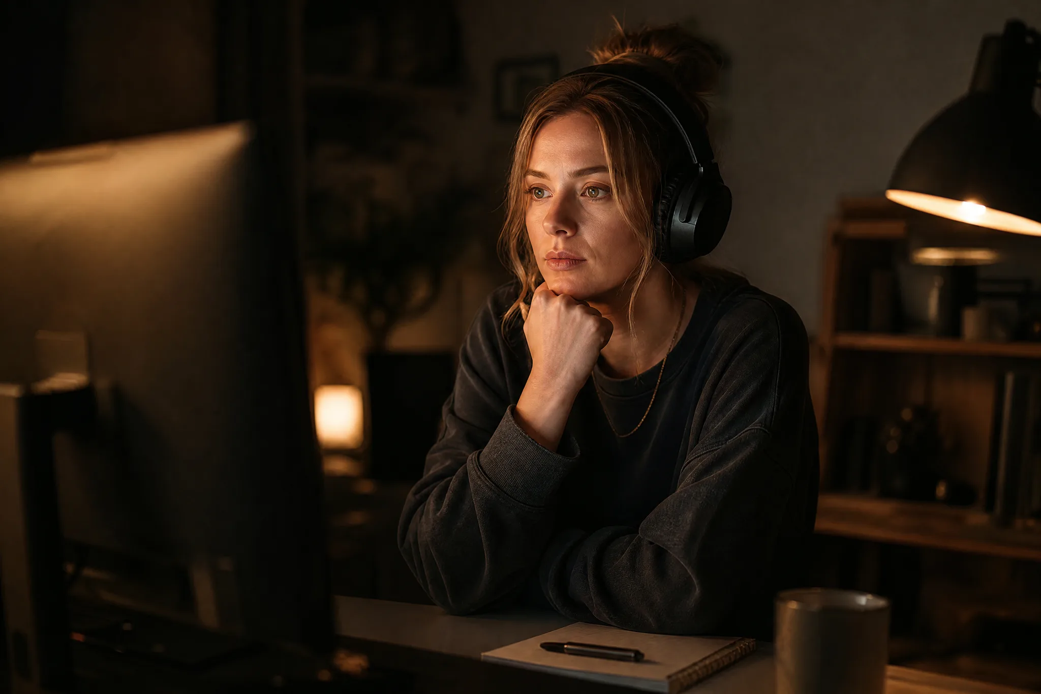 Woman editor wearing headphones, chin in hand, watching a glowing monitor in a dim lamplit room