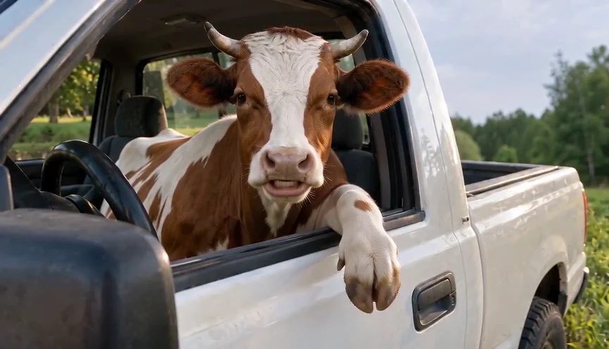 A brown-and-white cow speaking and gesturing from a white pickup window