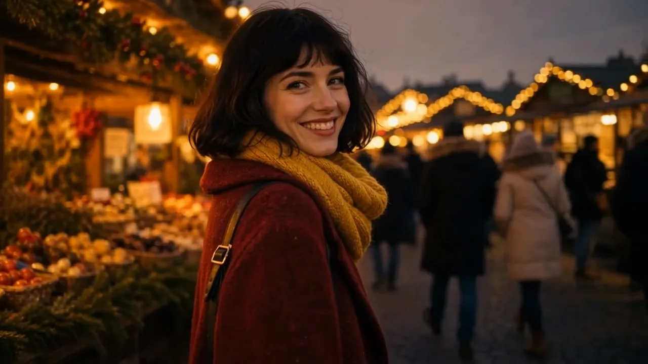 Woman in a red coat and mustard scarf walking through a lantern-lit winter market and turning to smile at the camera
