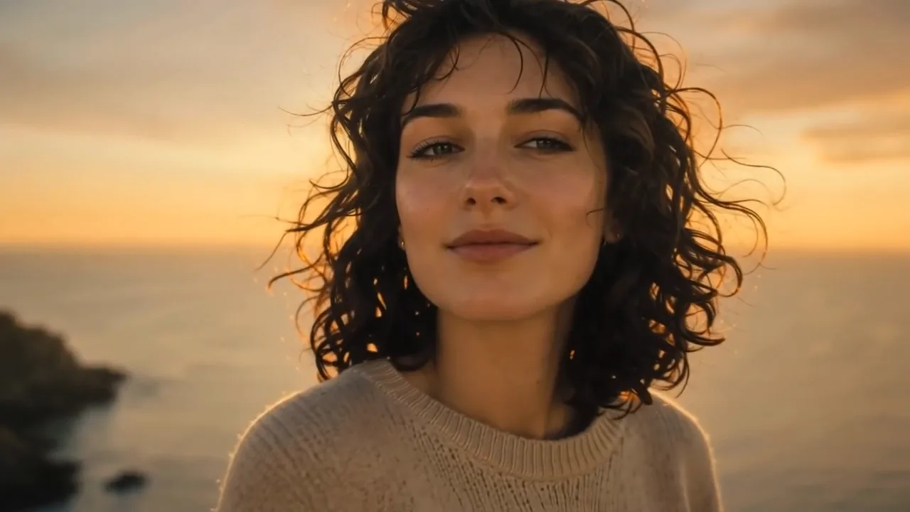 Curly-haired woman on a cliff above the sea at golden hour, wind lifting her hair as she turns to the camera