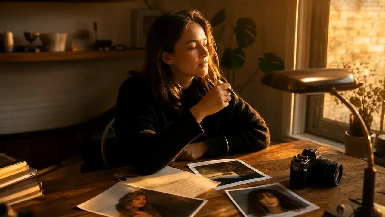Writer at a sunny desk lifting a printed photo from among scene notes and portrait references