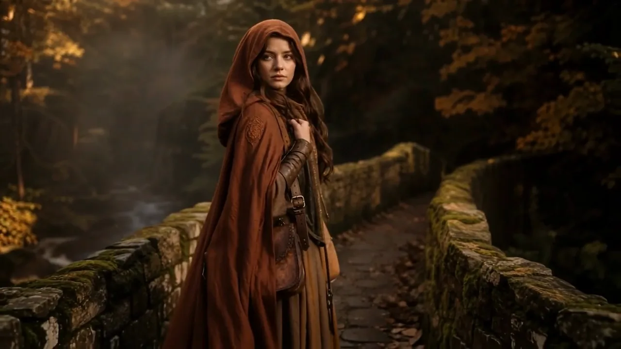 Woman in a rust-red hooded cloak on a mossy stone bridge turning her head to the camera and stepping forward
