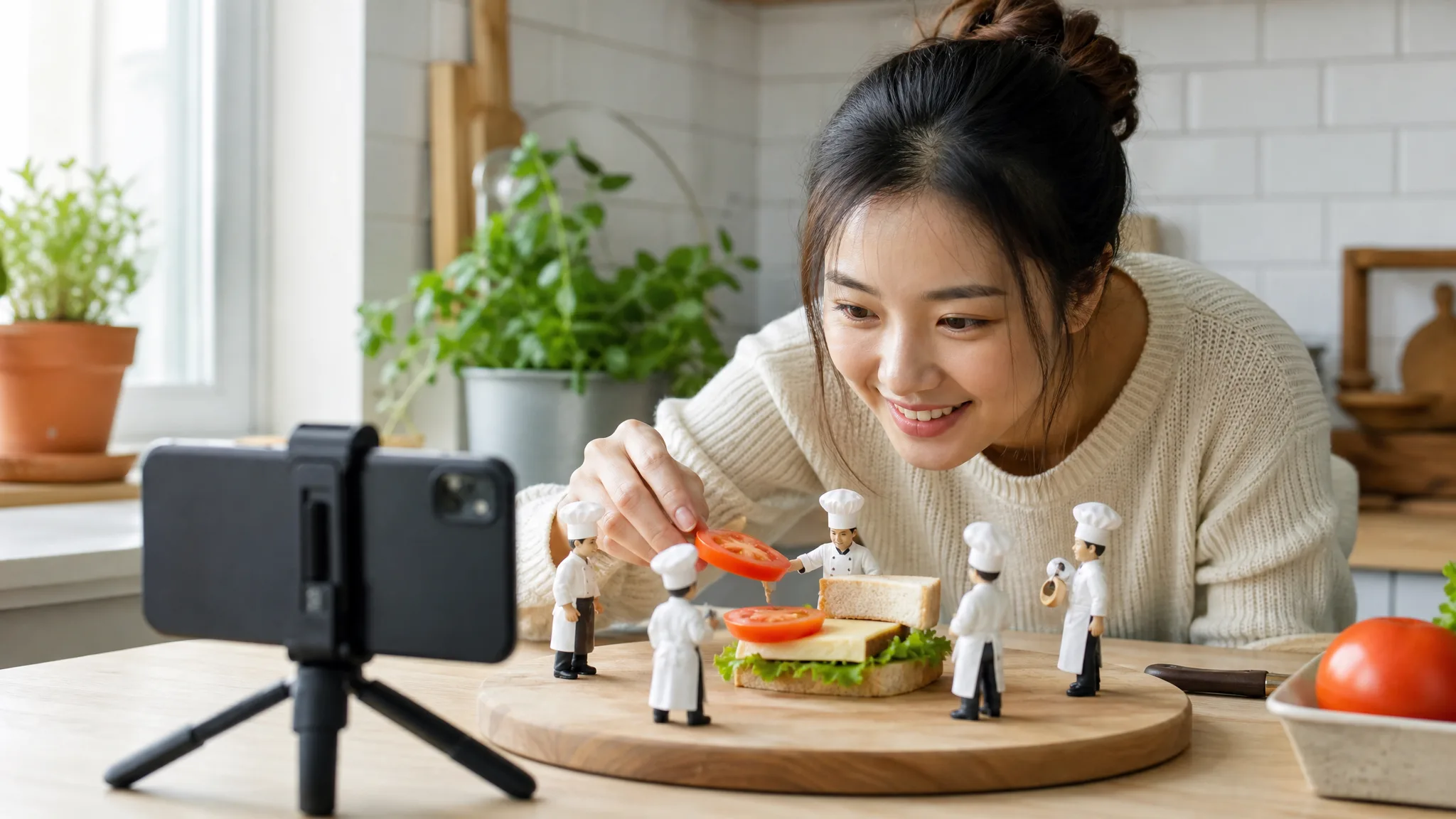 Smiling creator at a kitchen counter framing a close-up of a tiny sandwich scene on a chopping board