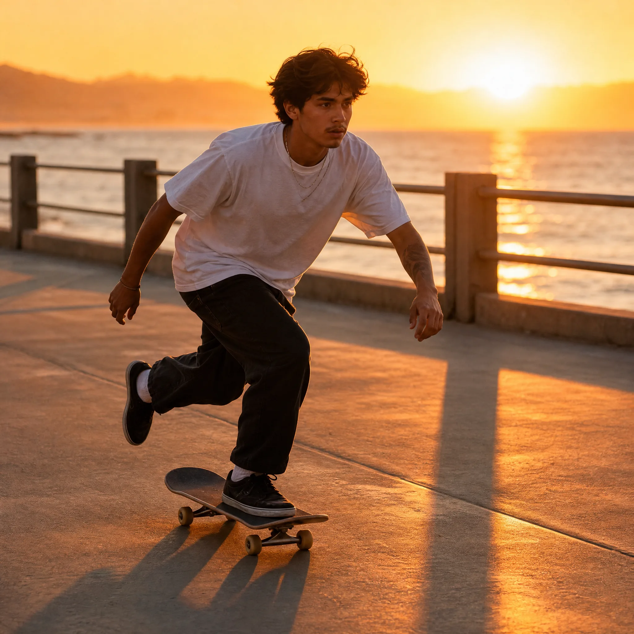 Young skater in a white tee rolling along a seaside promenade with the sunset glowing beyond the railing