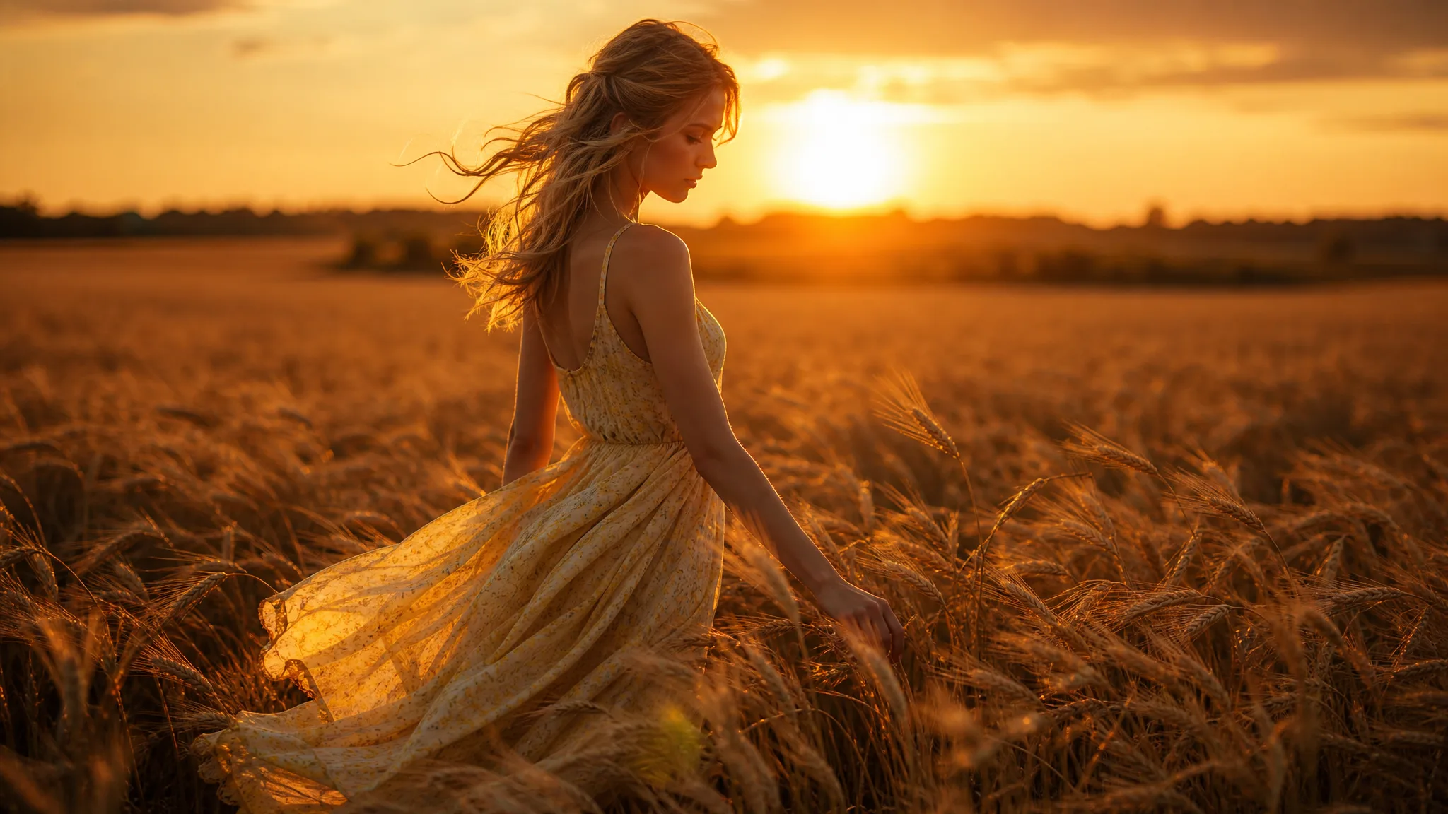 Woman in a pale-yellow dress walking through ripe wheat at sunset while the breeze lifts her hair