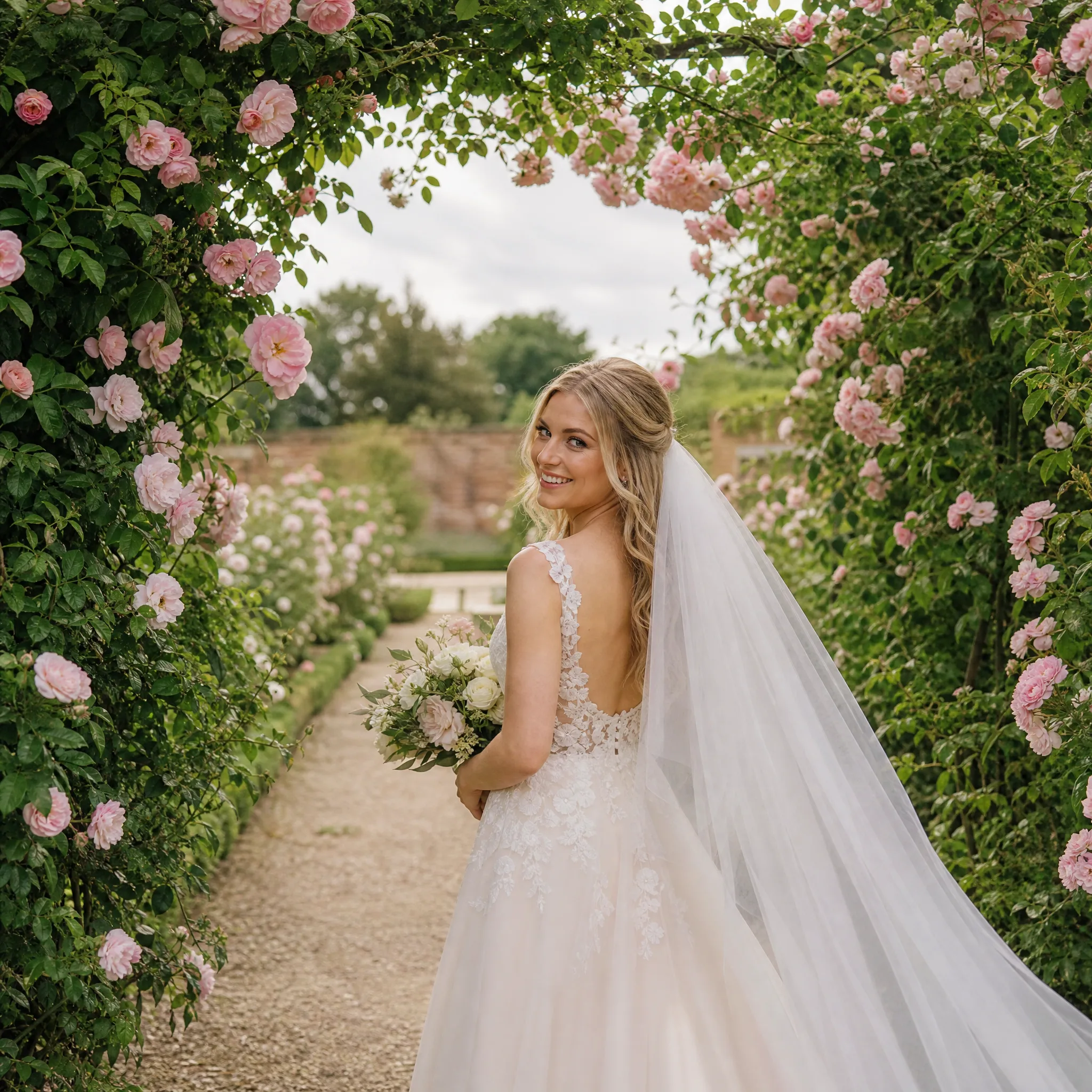 Bride in an ivory gown walking under an arch of blush roses on an overcast day, glancing back with a smile