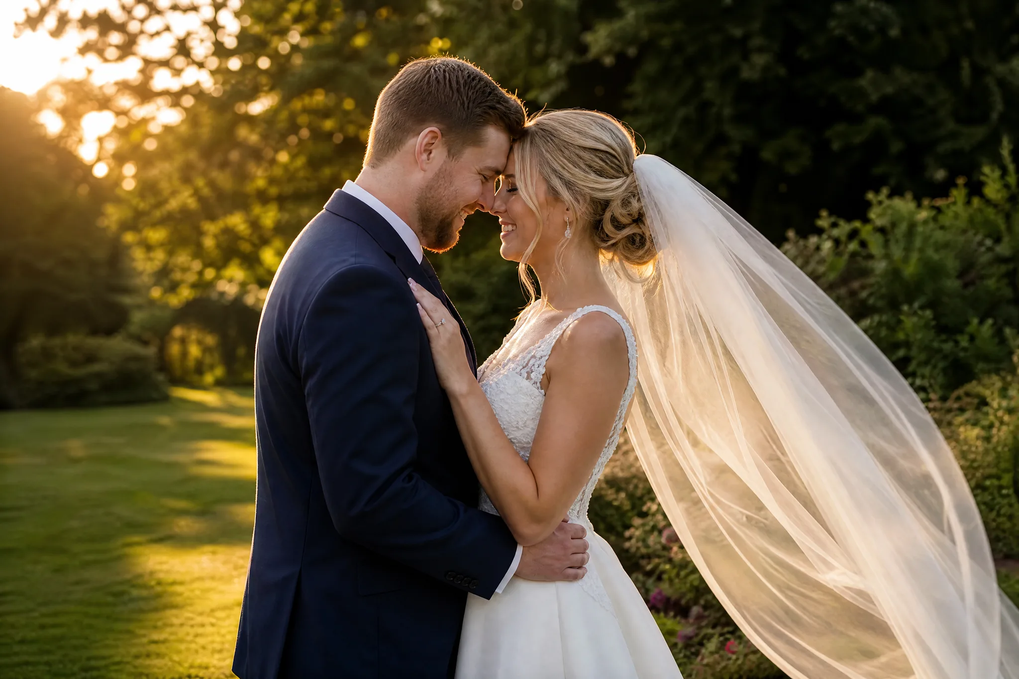 Bride and groom forehead to forehead on a garden lawn at golden hour while her long sheer veil lifts in the breeze