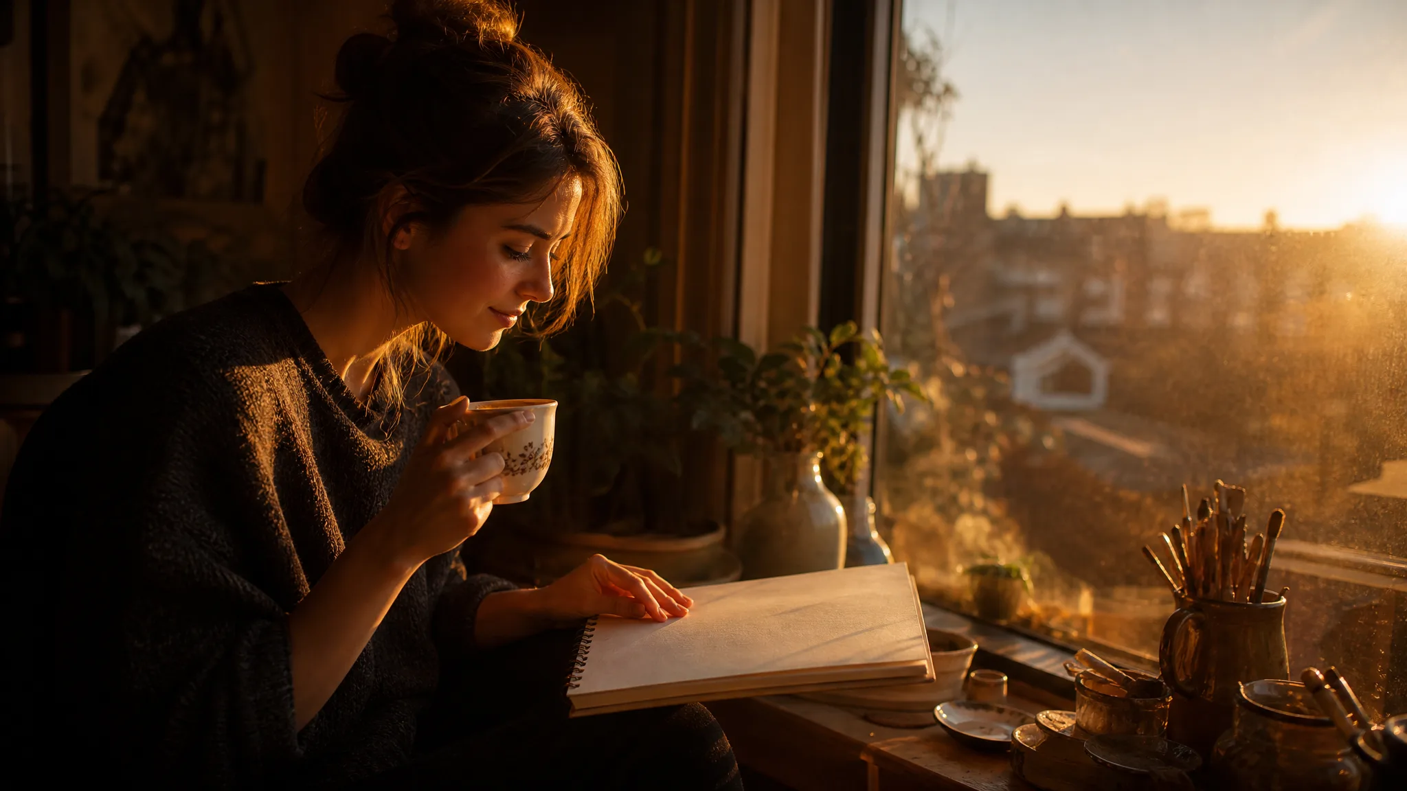 A young white European woman at a window seat at dawn with a cup of tea, opening her sketchbook to start the day's