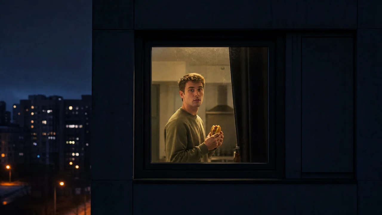 A lit apartment window with a man looking out while holding a burger