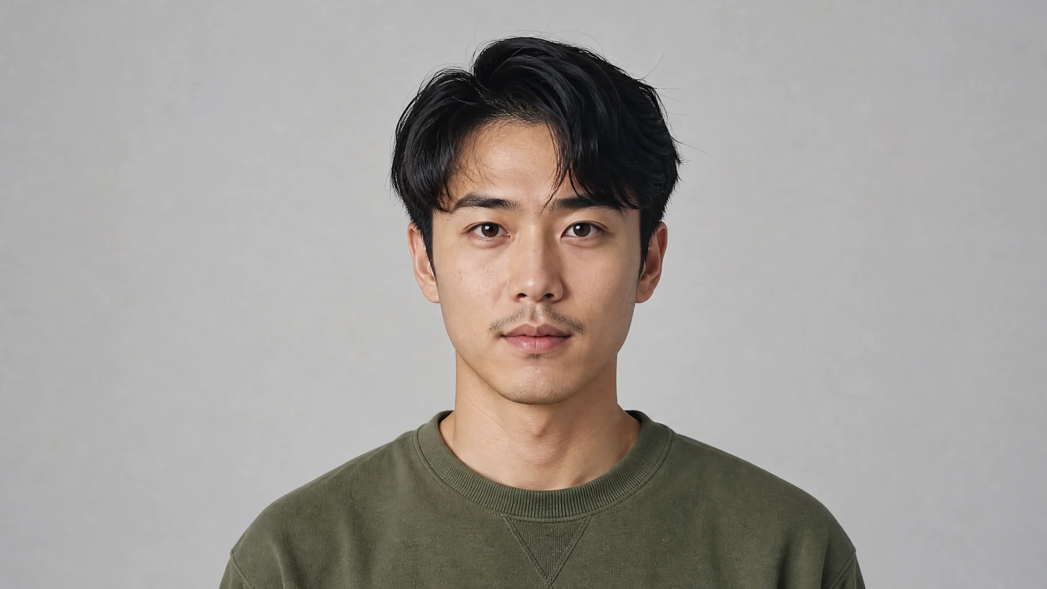 A young man in an olive sweatshirt facing the camera against a grey background