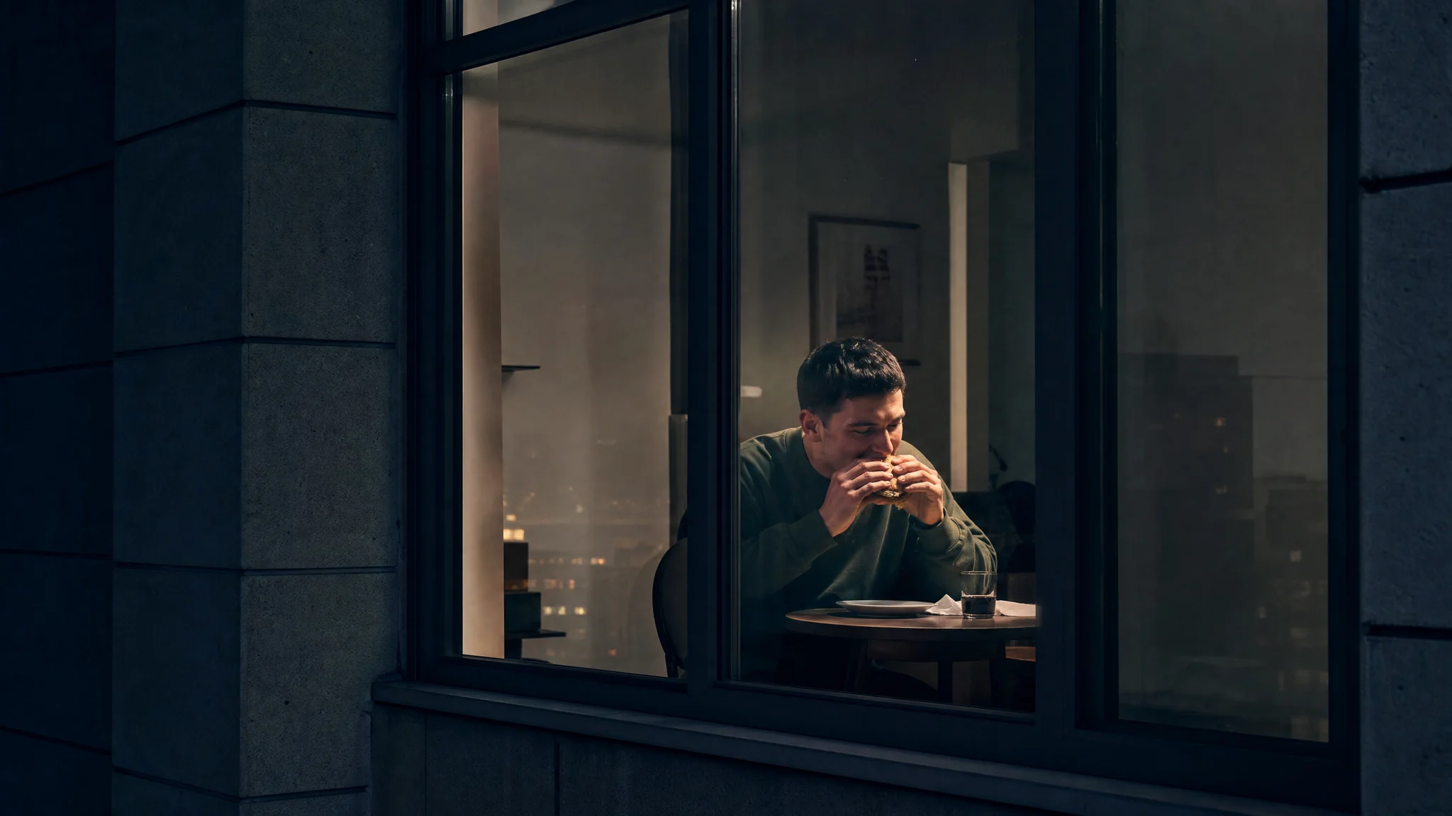 Window peeper AI video generator scene with a man holding a burger behind an apartment window