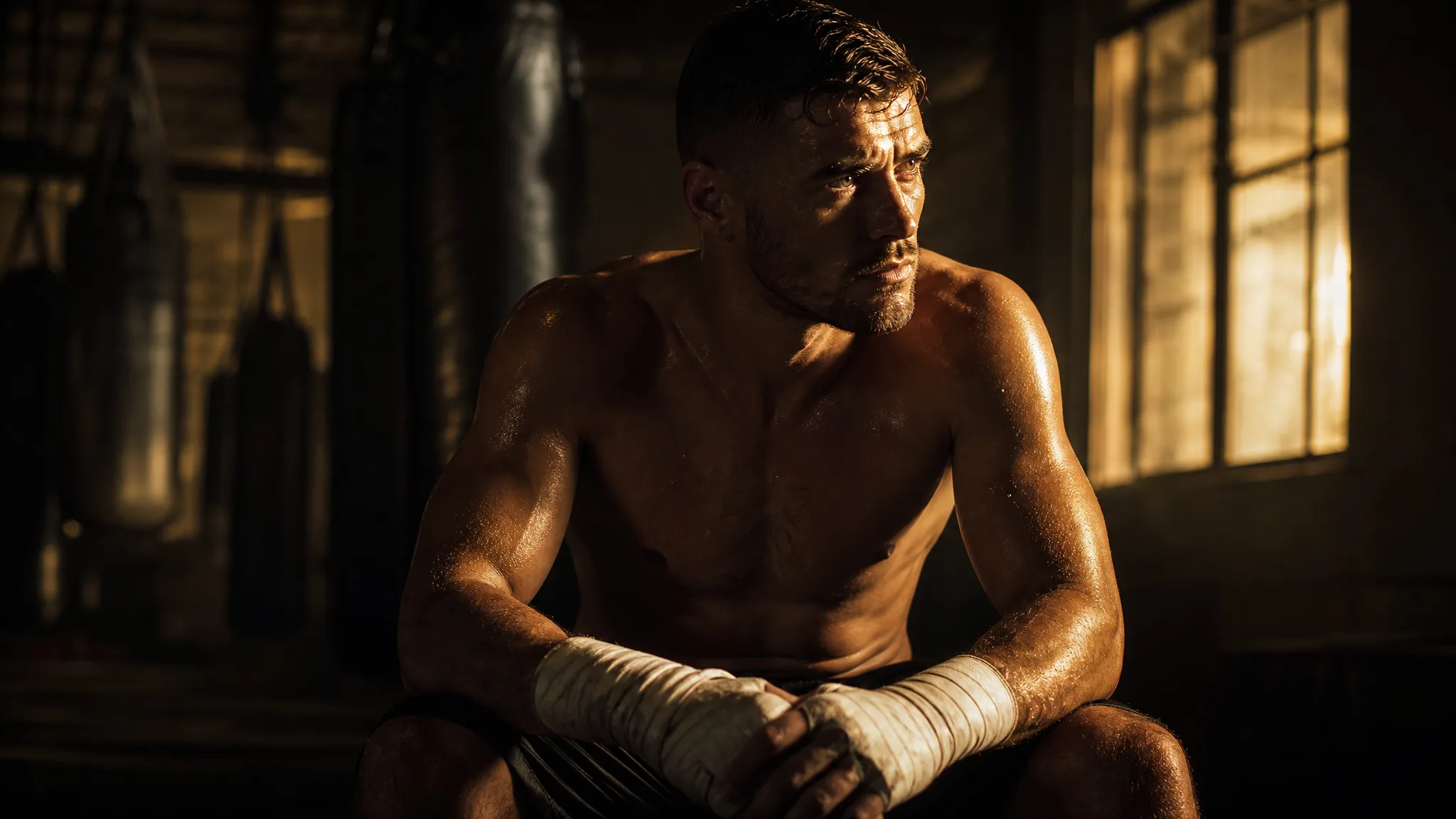 Z-Image Turbo: Window-Lit Boxer Determined boxer with taped hands in a dark gym, a band of window light across his face