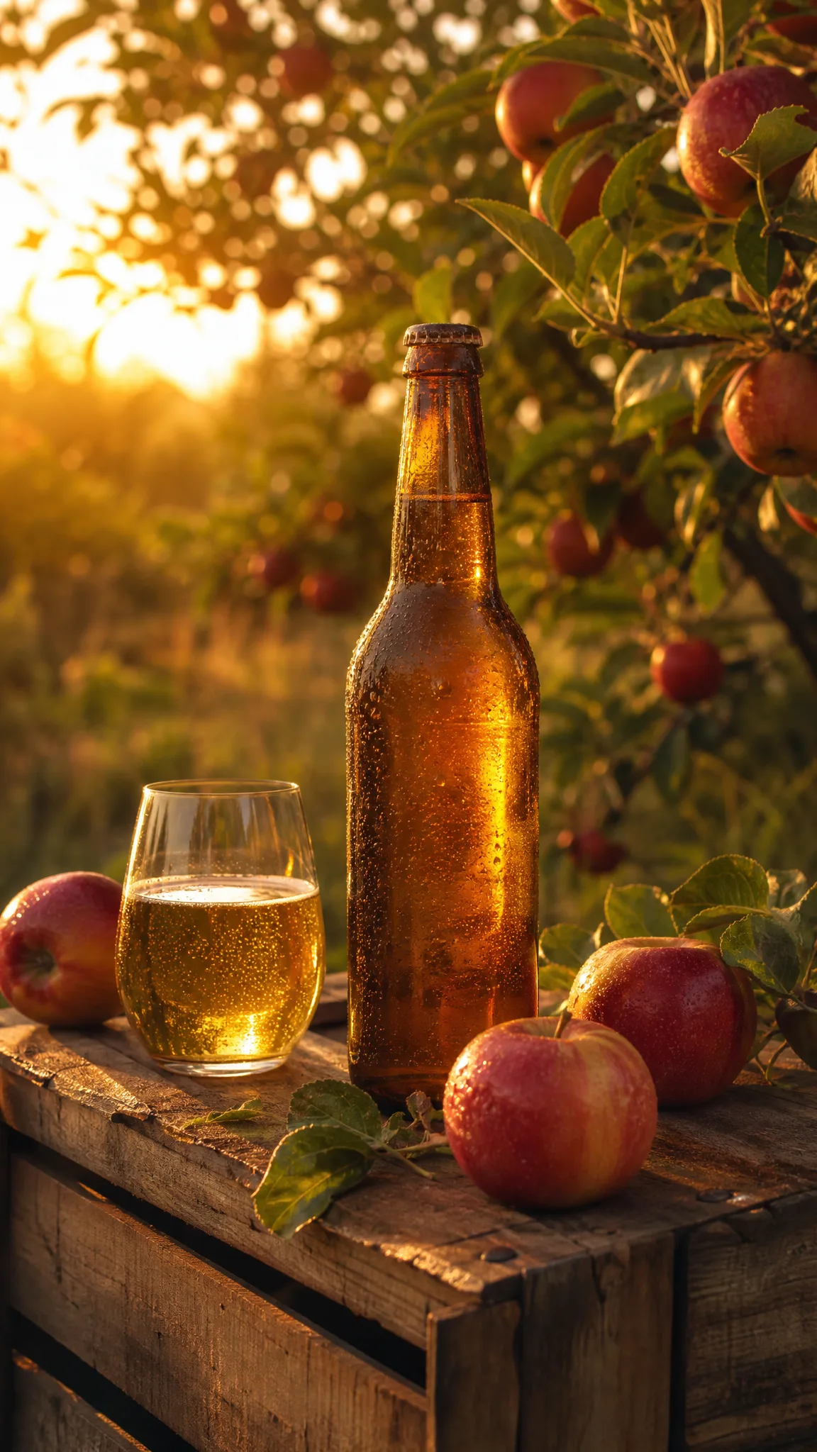 Z-Image Turbo: Cider in the Orchard Unbranded craft cider bottle on an apple crate in an orchard at golden hour