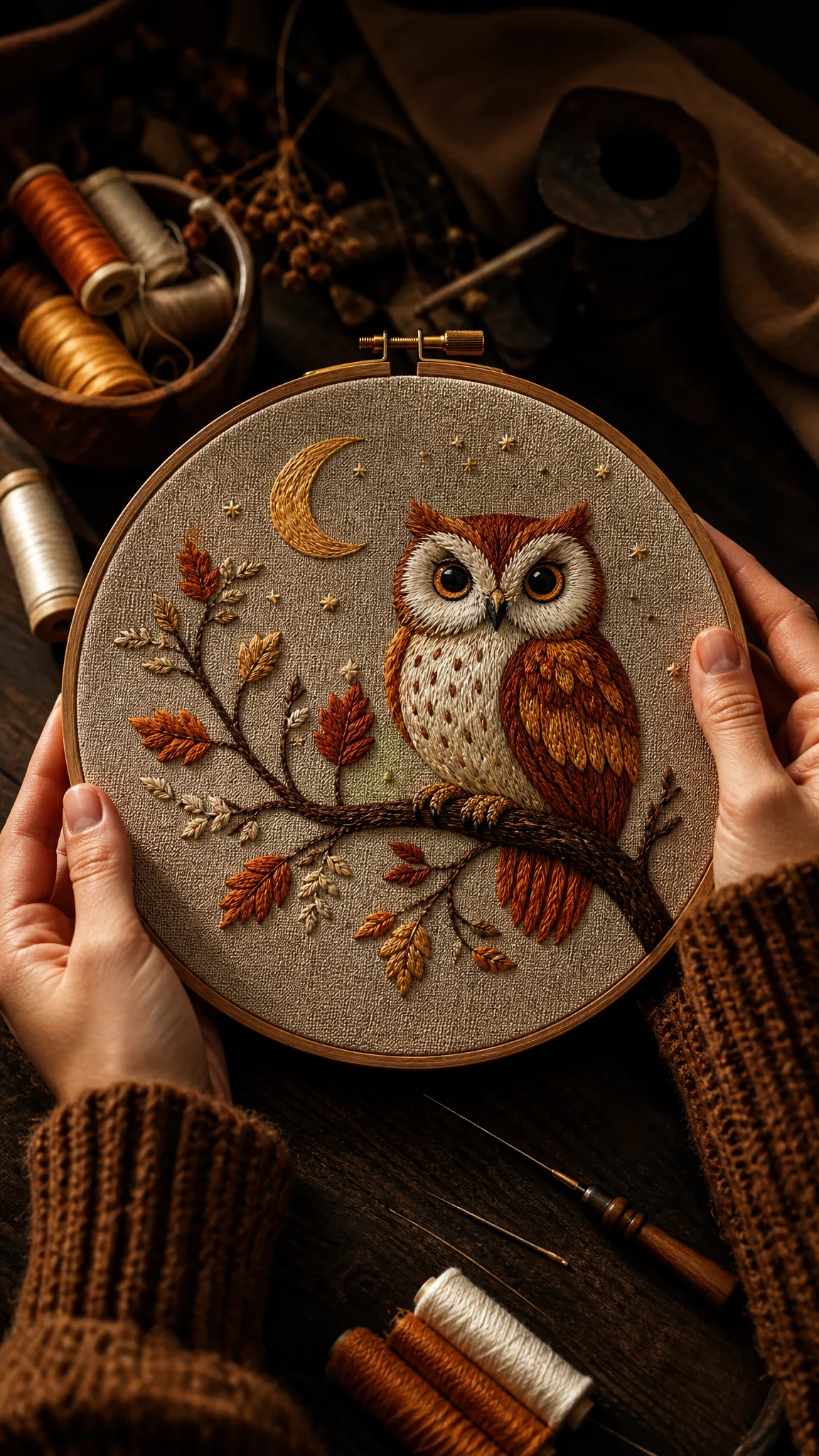 Z-Image Turbo: Embroidered Owl Hands holding an embroidery hoop stitched with an owl perched on a moonlit branch