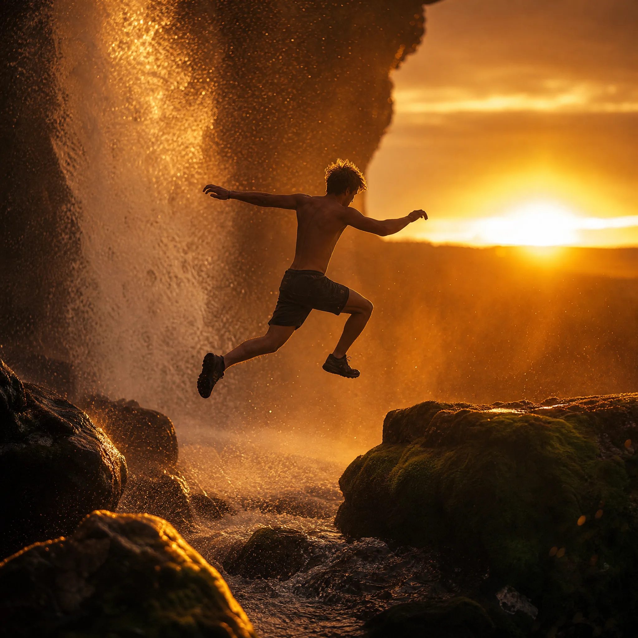 Young man jumping across boulders beneath a waterfall lit by the setting sun