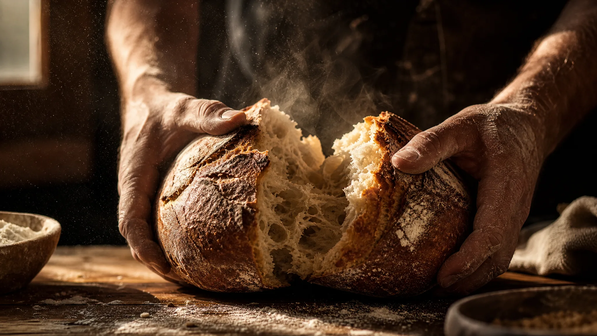Z-Image Turbo: Sourdough Texture Baker's hands pulling apart a crusty sourdough loaf in side light, flour dust in the air