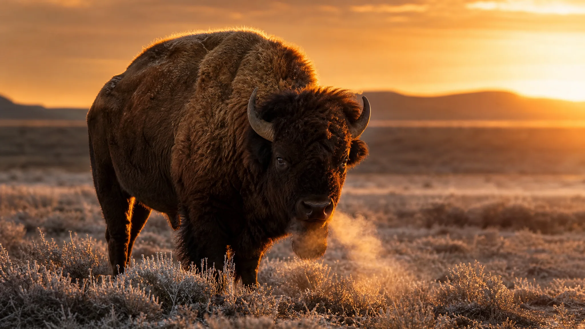 Z-Image Turbo: Bison at Sunrise Single bison breathing steam on a frost-covered prairie, rim-lit gold by the rising sun